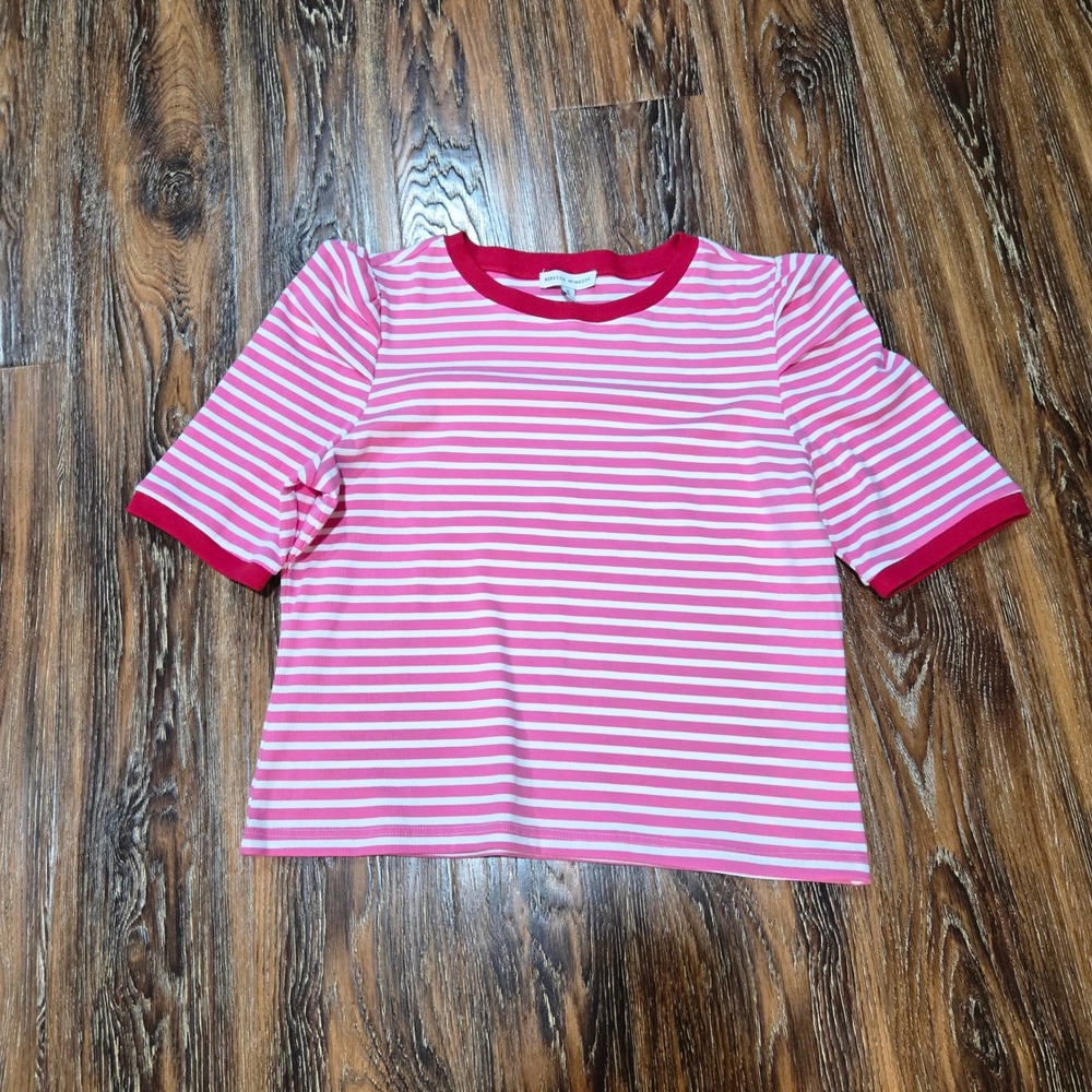 Rebecca Minkoff XL Striped Top Womens Pink Puff Sleeve Ribbed Crew Neck Tee